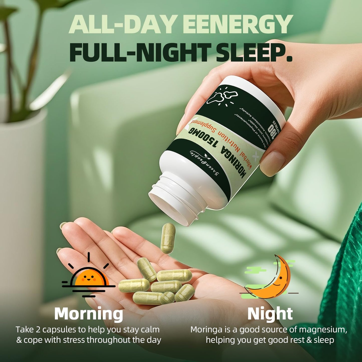 GREENPEOPLE Whole-Leaf Moringa Capsules 1500mg - High Potency 10:1 Moringa Oleifera Leaf Extract - Natural Green Superfood for Energy & Immune Support - dailyvitalstore
