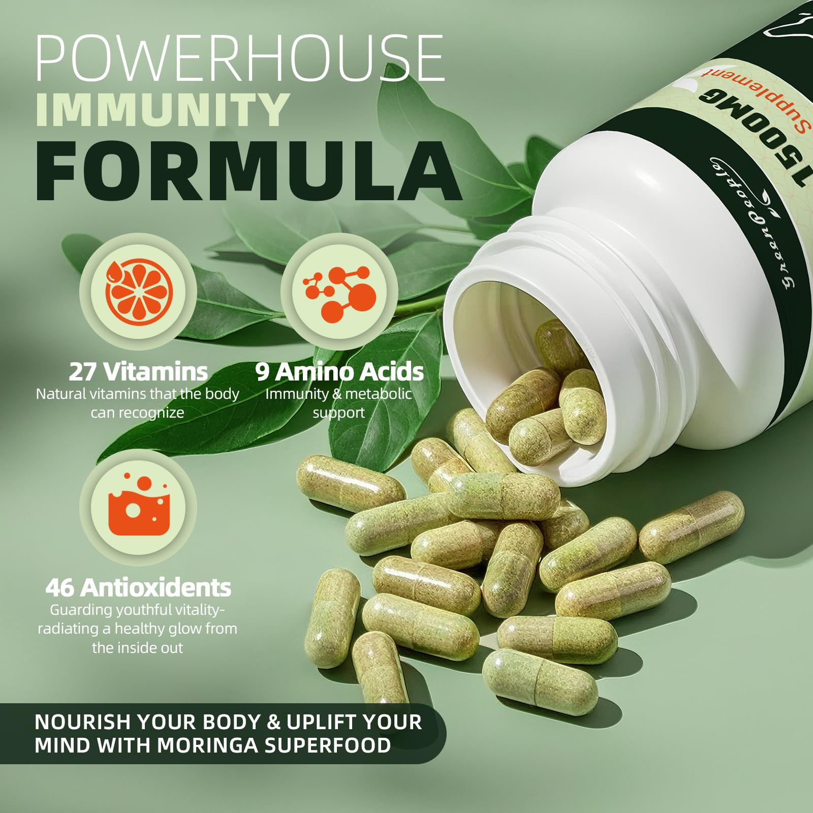 GREENPEOPLE Whole-Leaf Moringa Capsules 1500mg - High Potency 10:1 Moringa Oleifera Leaf Extract - Natural Green Superfood for Energy & Immune Support - dailyvitalstore