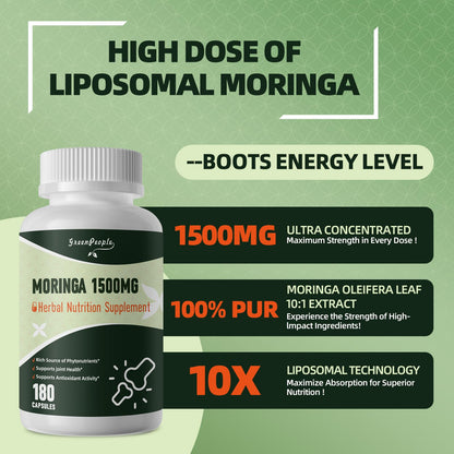 GREENPEOPLE Whole-Leaf Moringa Capsules 1500mg - High Potency 10:1 Moringa Oleifera Leaf Extract - Natural Green Superfood for Energy & Immune Support - dailyvitalstore