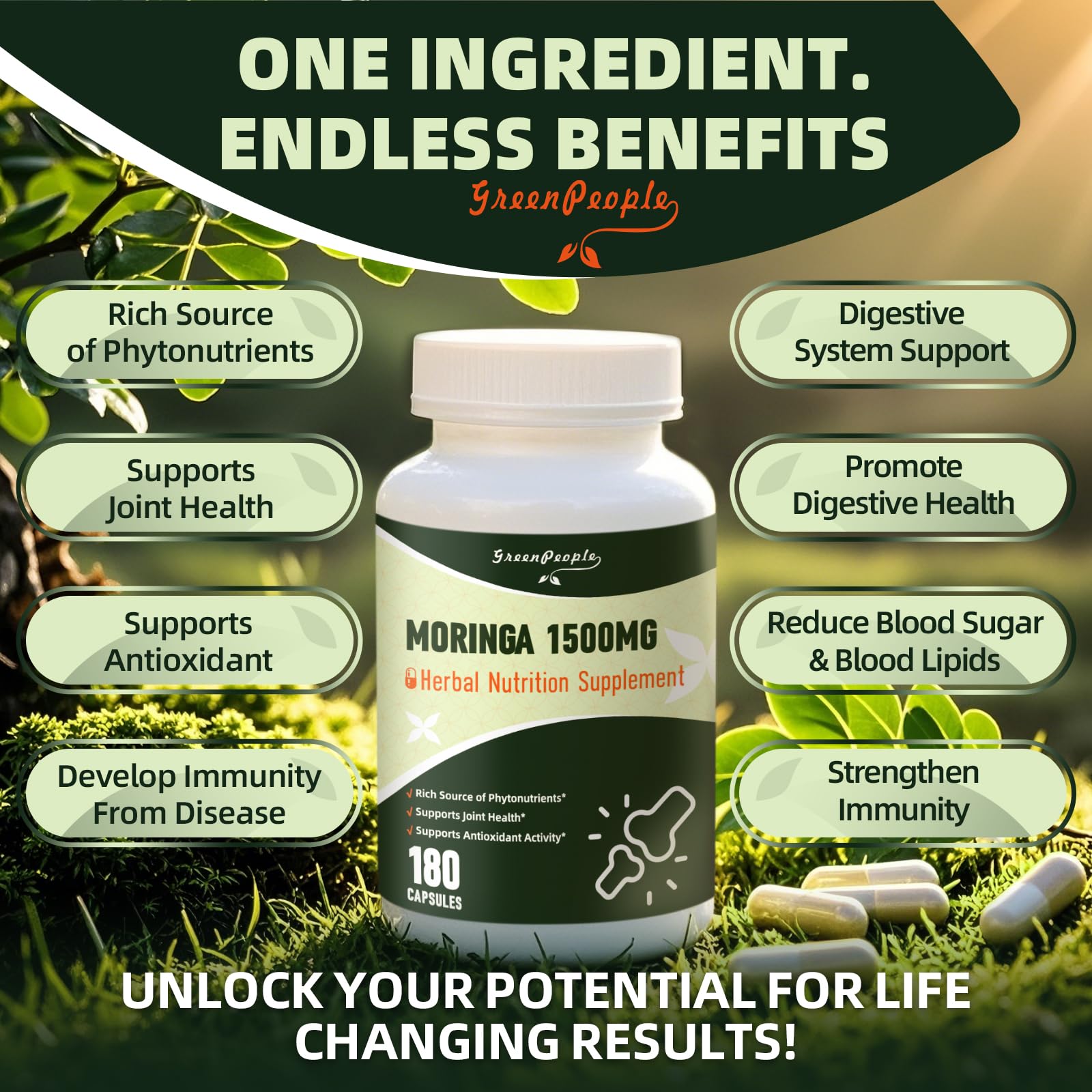 GREENPEOPLE Whole-Leaf Moringa Capsules 1500mg - High Potency 10:1 Moringa Oleifera Leaf Extract - Natural Green Superfood for Energy & Immune Support - dailyvitalstore
