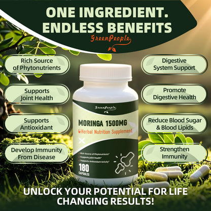 GREENPEOPLE Whole-Leaf Moringa Capsules 1500mg - High Potency 10:1 Moringa Oleifera Leaf Extract - Natural Green Superfood for Energy & Immune Support - dailyvitalstore