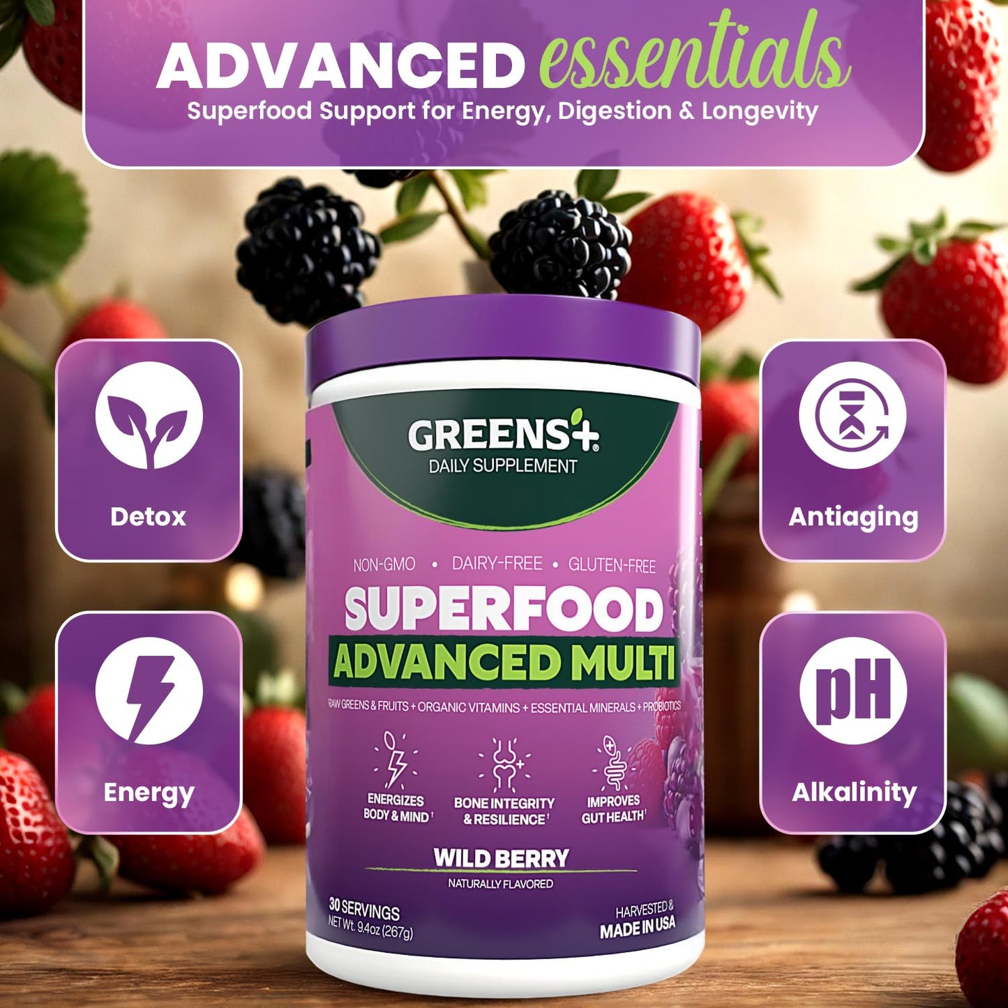 Greens+ Advanced Multi Wild Berry Superfood Powder, Organic Blend, Vegan, Non-GMO, Soy-Free, Dairy-Free, Gluten-Free, Dietary Supplement with Vitamins & Minerals, 9.4 oz - dailyvitalstore