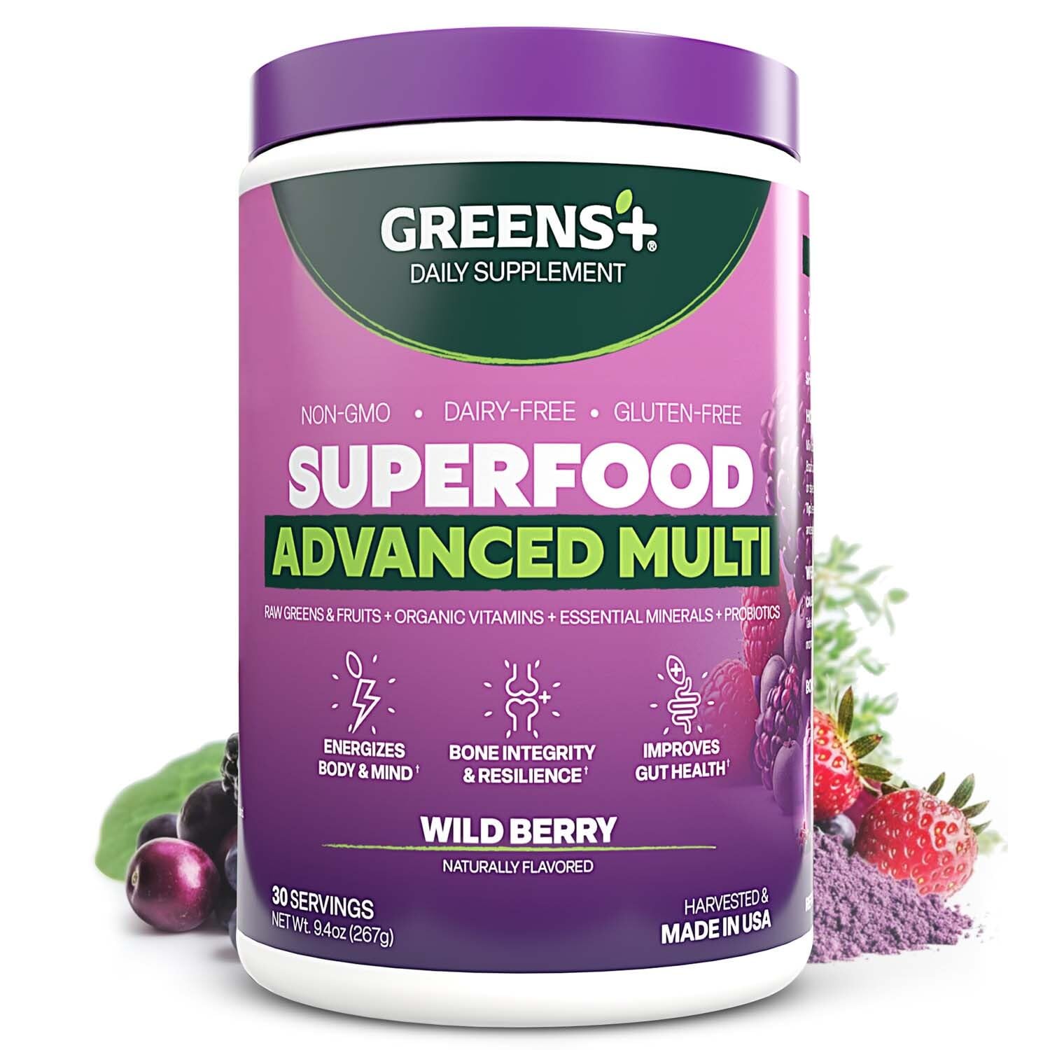 Greens+ Advanced Multi Wild Berry Superfood Powder, Organic Blend, Vegan, Non-GMO, Soy-Free, Dairy-Free, Gluten-Free, Dietary Supplement with Vitamins & Minerals, 9.4 oz - dailyvitalstore