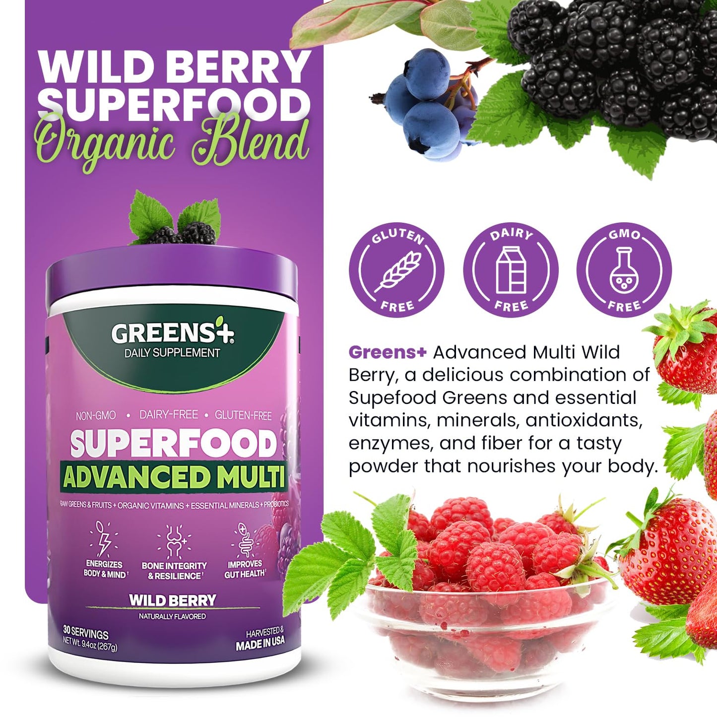 Greens+ Advanced Multi Wild Berry Superfood Powder, Organic Blend, Vegan, Non-GMO, Soy-Free, Dairy-Free, Gluten-Free, Dietary Supplement with Vitamins & Minerals, 9.4 oz - dailyvitalstore