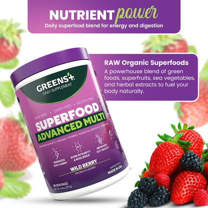Greens+ Advanced Multi Wild Berry Superfood Powder, Organic Blend, Vegan, Non-GMO, Soy-Free, Dairy-Free, Gluten-Free, Dietary Supplement with Vitamins & Minerals, 9.4 oz - dailyvitalstore