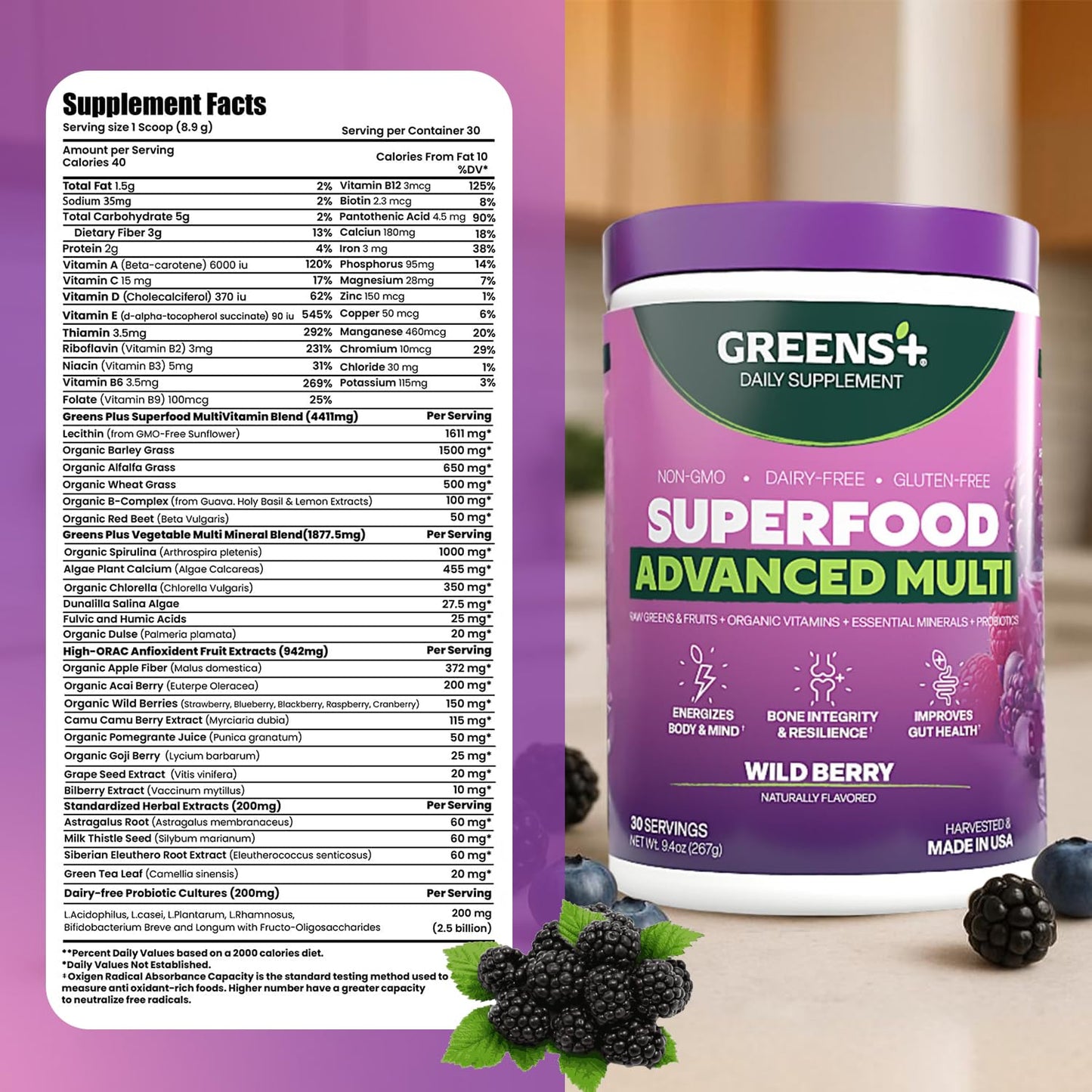 Greens+ Advanced Multi Wild Berry Superfood Powder, Organic Blend, Vegan, Non-GMO, Soy-Free, Dairy-Free, Gluten-Free, Dietary Supplement with Vitamins & Minerals, 9.4 oz - dailyvitalstore