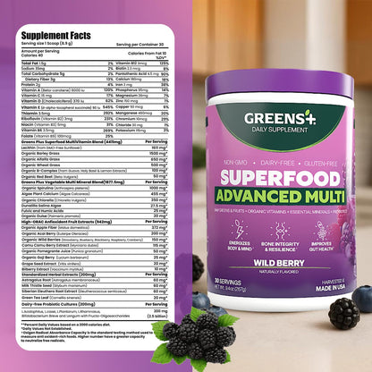 Greens+ Advanced Multi Wild Berry Superfood Powder, Organic Blend, Vegan, Non-GMO, Soy-Free, Dairy-Free, Gluten-Free, Dietary Supplement with Vitamins & Minerals, 9.4 oz - dailyvitalstore