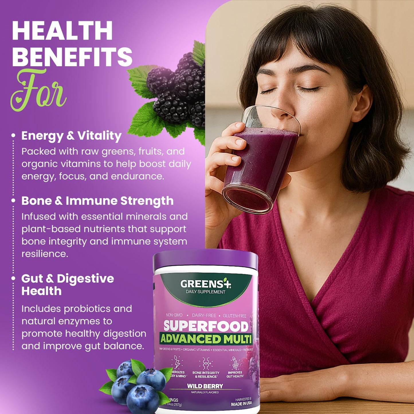 Greens+ Advanced Multi Wild Berry Superfood Powder, Organic Blend, Vegan, Non-GMO, Soy-Free, Dairy-Free, Gluten-Free, Dietary Supplement with Vitamins & Minerals, 9.4 oz - dailyvitalstore