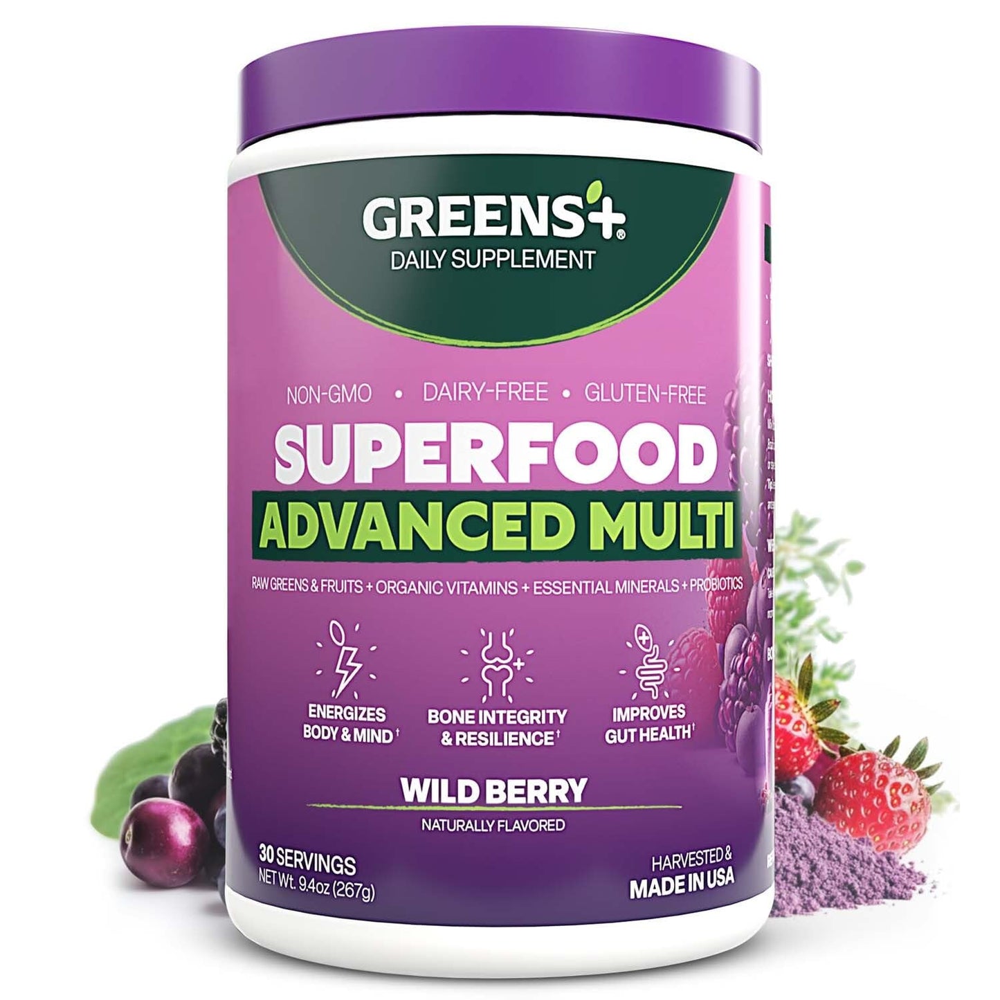 Greens+ Advanced Multi Wild Berry Superfood Powder, Organic Blend, Vegan, Non-GMO, Soy-Free, Dairy-Free, Gluten-Free, Dietary Supplement with Vitamins & Minerals, 9.4 oz - dailyvitalstore
