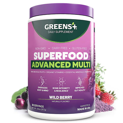 Greens+ Advanced Multi Wild Berry Superfood Powder, Organic Blend, Vegan, Non-GMO, Soy-Free, Dairy-Free, Gluten-Free, Dietary Supplement with Vitamins & Minerals, 9.4 oz - dailyvitalstore