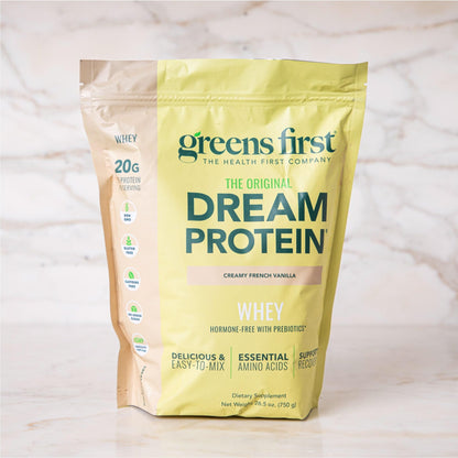 Greens First Dream Protein Powder Whey - 20g Protein Per Serving - Hormone-Free with Prebiotics - Non-GMO - No Artificial Sweeteners/MSG/Aspartame (Creamy French Vanilla, 26.5 oz) - dailyvitalstore