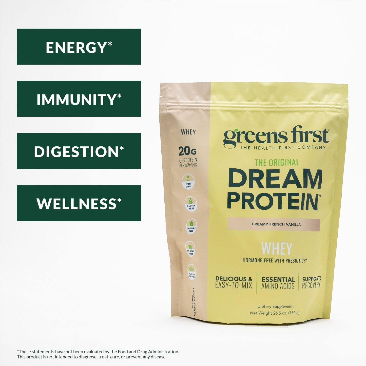 Greens First Dream Protein Powder Whey - 20g Protein Per Serving - Hormone-Free with Prebiotics - Non-GMO - No Artificial Sweeteners/MSG/Aspartame (Creamy French Vanilla, 26.5 oz) - dailyvitalstore