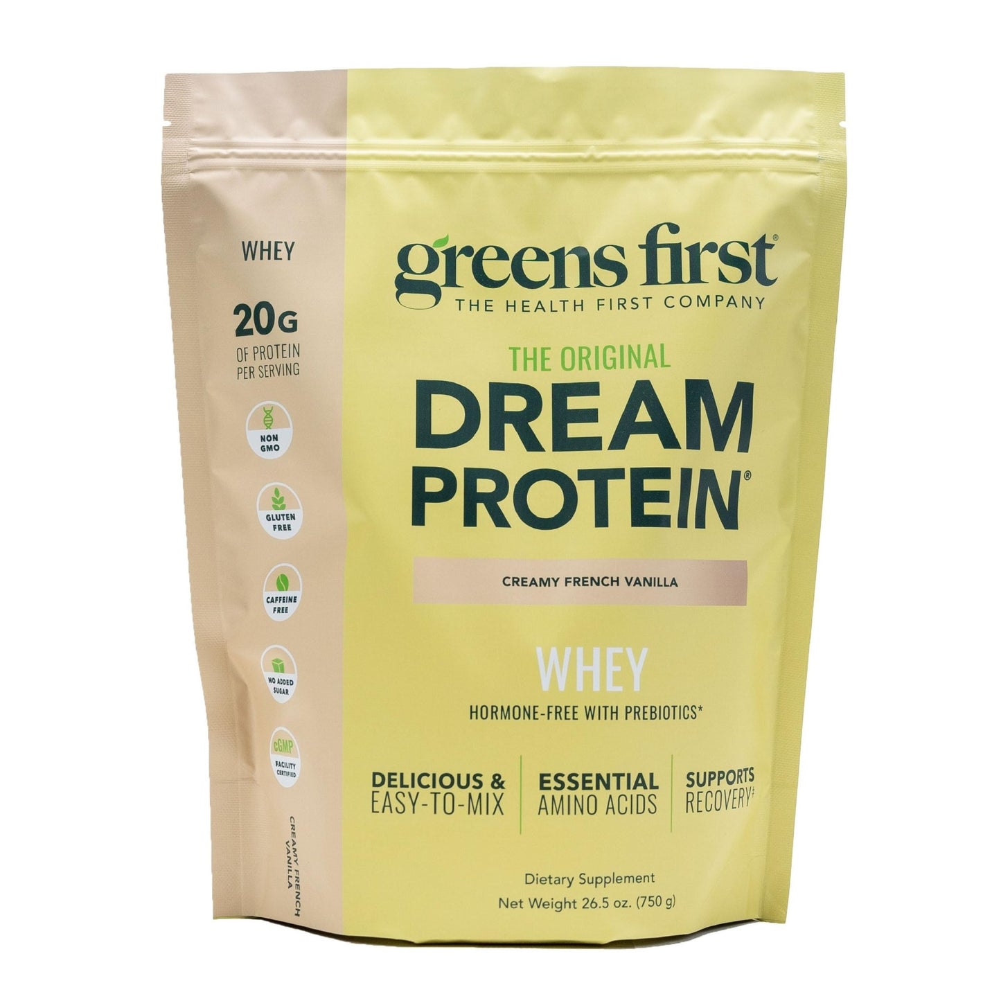 Greens First Dream Protein Powder Whey - 20g Protein Per Serving - Hormone-Free with Prebiotics - Non-GMO - No Artificial Sweeteners/MSG/Aspartame (Creamy French Vanilla, 26.5 oz) - dailyvitalstore