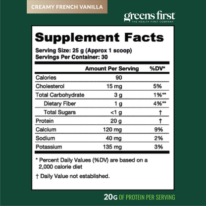 Greens First Dream Protein Powder Whey - 20g Protein Per Serving - Hormone-Free with Prebiotics - Non-GMO - No Artificial Sweeteners/MSG/Aspartame (Creamy French Vanilla, 26.5 oz) - dailyvitalstore