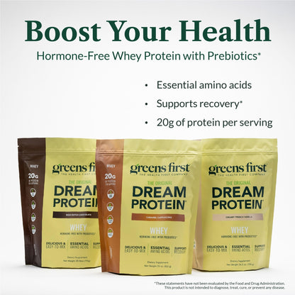 Greens First Dream Protein Powder Whey - 20g Protein Per Serving - Hormone-Free with Prebiotics - Non-GMO - No Artificial Sweeteners/MSG/Aspartame (Creamy French Vanilla, 26.5 oz) - dailyvitalstore