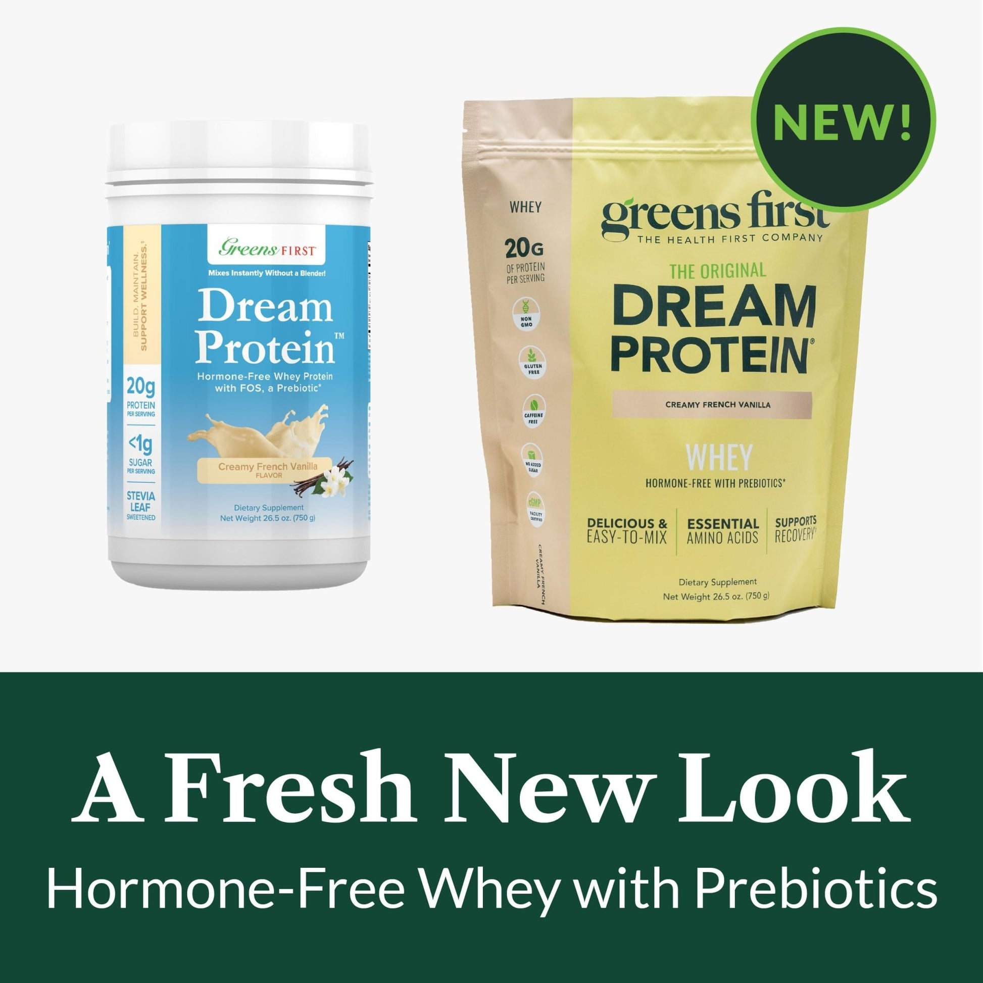 Greens First Dream Protein Powder Whey - 20g Protein Per Serving - Hormone-Free with Prebiotics - Non-GMO - No Artificial Sweeteners/MSG/Aspartame (Creamy French Vanilla, 26.5 oz) - dailyvitalstore