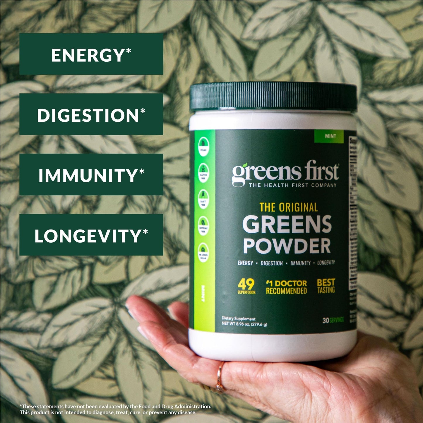 Greens First Original Greens Powder - 49 Superfoods - Organic Fruits & Veggies - Prebiotics, Probiotics & Digestive Enzymes - Antioxidant Smoothie - Dairy Free, Vegan & Non-GMO (Mint, 30 Servings) - dailyvitalstore