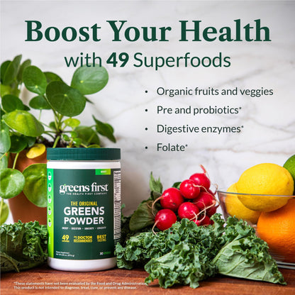 Greens First Original Greens Powder - 49 Superfoods - Organic Fruits & Veggies - Prebiotics, Probiotics & Digestive Enzymes - Antioxidant Smoothie - Dairy Free, Vegan & Non-GMO (Mint, 30 Servings) - dailyvitalstore