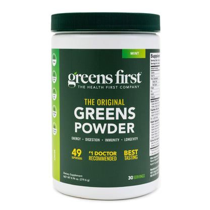 Greens First Original Greens Powder - 49 Superfoods - Organic Fruits & Veggies - Prebiotics, Probiotics & Digestive Enzymes - Antioxidant Smoothie - Dairy Free, Vegan & Non-GMO (Mint, 30 Servings) - dailyvitalstore