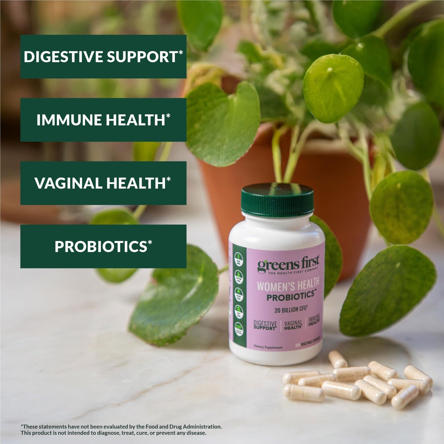 Greens First Women’s Health Probiotics - Probiotic for pH Balance - 20 Billion CFU - Support for Digestive, Immune & Vaginal Health Non-GMO/Gluten-Free/Dairy-Free/Soy-Free (30 Vegetable Capsules) - dailyvitalstore