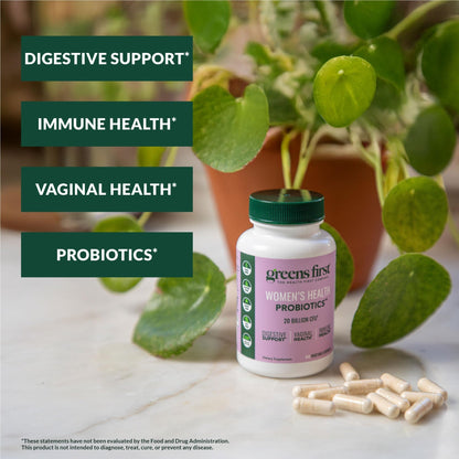 Greens First Women’s Health Probiotics - Probiotic for pH Balance - 20 Billion CFU - Support for Digestive, Immune & Vaginal Health Non-GMO/Gluten-Free/Dairy-Free/Soy-Free (30 Vegetable Capsules) - dailyvitalstore