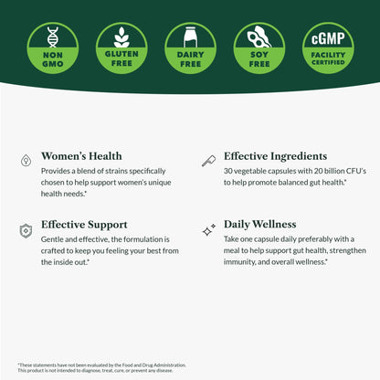 Greens First Women’s Health Probiotics - Probiotic for pH Balance - 20 Billion CFU - Support for Digestive, Immune & Vaginal Health Non-GMO/Gluten-Free/Dairy-Free/Soy-Free (30 Vegetable Capsules) - dailyvitalstore