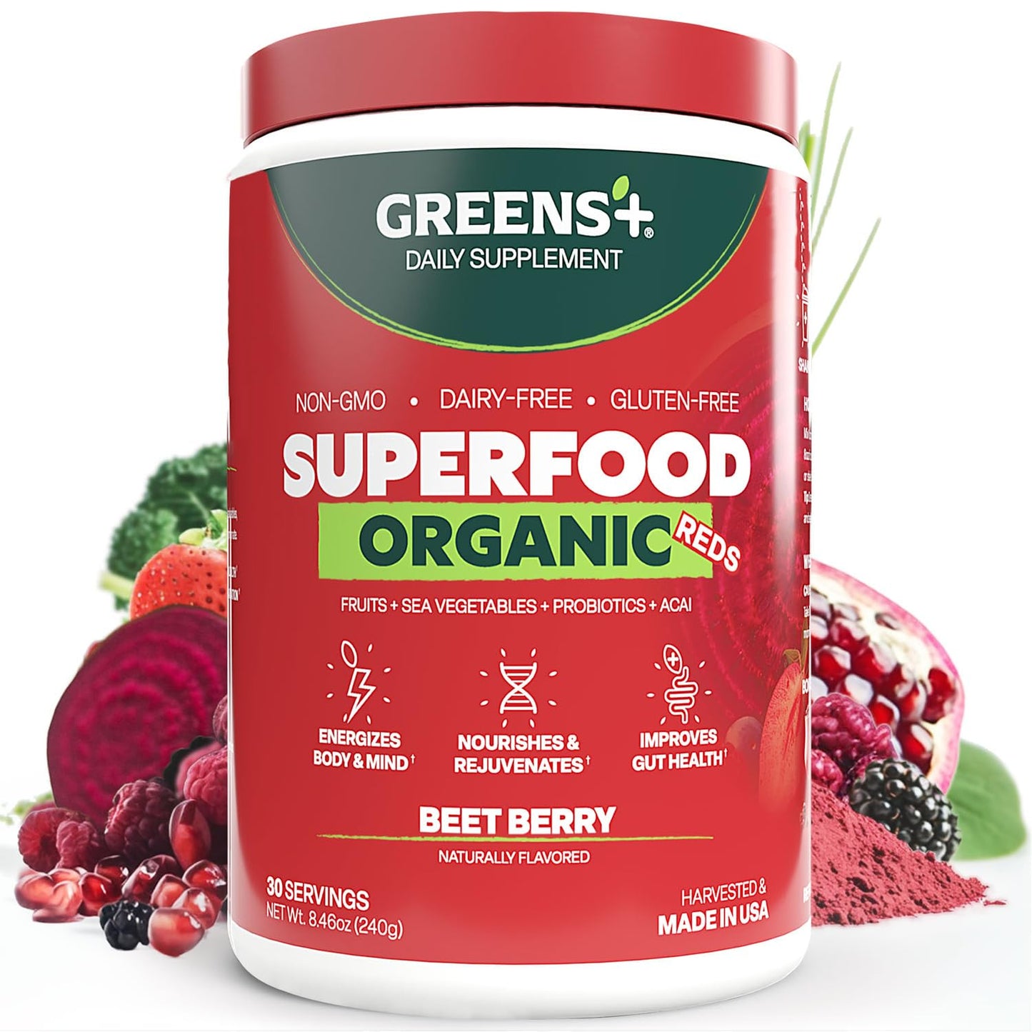 Greens+ Organic Reds Superfood Powder, Antioxidant, Polyphenol, Blend for Morning Kick, Energy, Vitality Boost, Nutrition, Vibrant Health, Vegan Soy/Dairy/Gluten Free(8.46oz) - dailyvitalstore