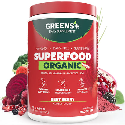 Greens+ Organic Reds Superfood Powder, Antioxidant, Polyphenol, Blend for Morning Kick, Energy, Vitality Boost, Nutrition, Vibrant Health, Vegan Soy/Dairy/Gluten Free(8.46oz) - dailyvitalstore
