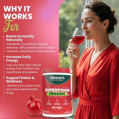 Greens+ Organic Reds Superfood Powder, Antioxidant, Polyphenol, Blend for Morning Kick, Energy, Vitality Boost, Nutrition, Vibrant Health, Vegan Soy/Dairy/Gluten Free(8.46oz) - dailyvitalstore