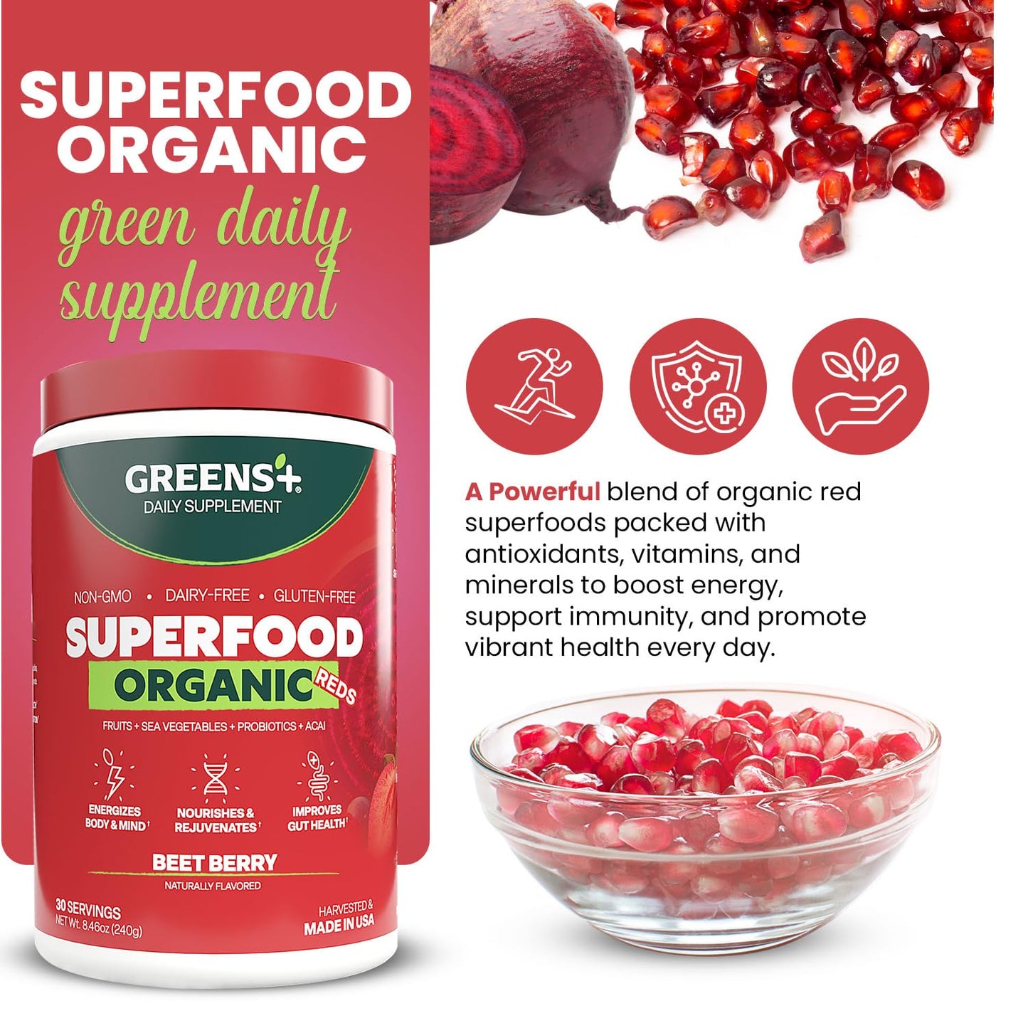 Greens+ Organic Reds Superfood Powder, Antioxidant, Polyphenol, Blend for Morning Kick, Energy, Vitality Boost, Nutrition, Vibrant Health, Vegan Soy/Dairy/Gluten Free(8.46oz) - dailyvitalstore
