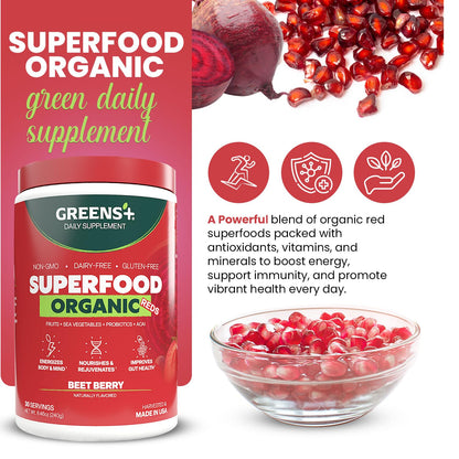 Greens+ Organic Reds Superfood Powder, Antioxidant, Polyphenol, Blend for Morning Kick, Energy, Vitality Boost, Nutrition, Vibrant Health, Vegan Soy/Dairy/Gluten Free(8.46oz) - dailyvitalstore
