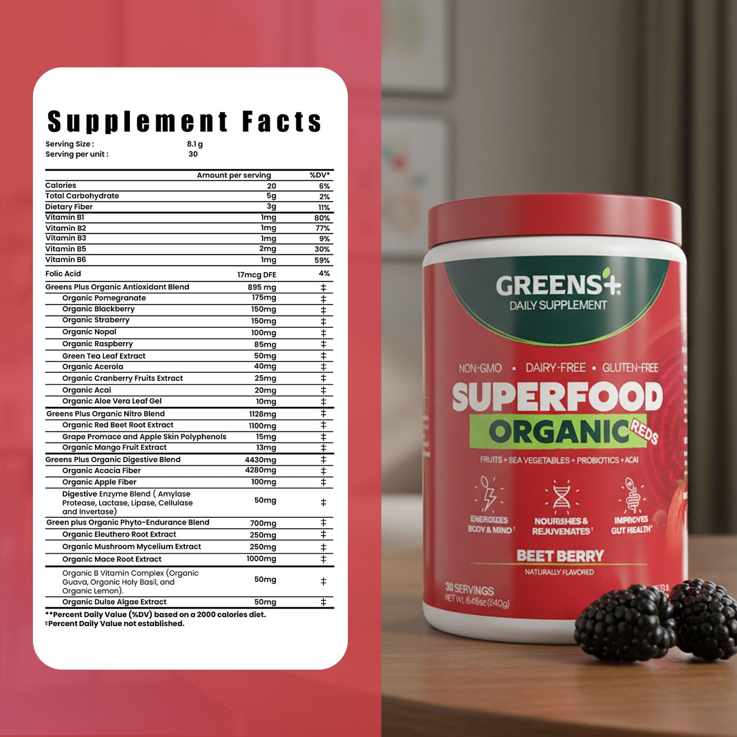 Greens+ Organic Reds Superfood Powder, Antioxidant, Polyphenol, Blend for Morning Kick, Energy, Vitality Boost, Nutrition, Vibrant Health, Vegan Soy/Dairy/Gluten Free(8.46oz) - dailyvitalstore