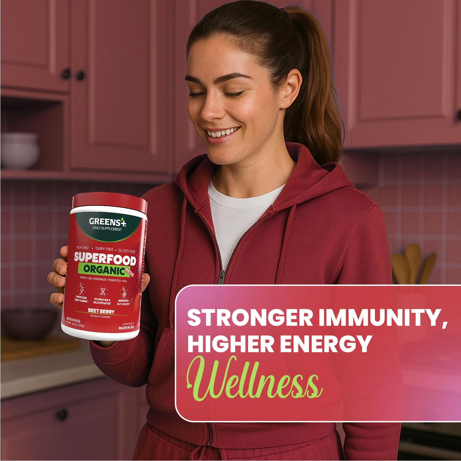 Greens+ Organic Reds Superfood Powder, Antioxidant, Polyphenol, Blend for Morning Kick, Energy, Vitality Boost, Nutrition, Vibrant Health, Vegan Soy/Dairy/Gluten Free(8.46oz) - dailyvitalstore