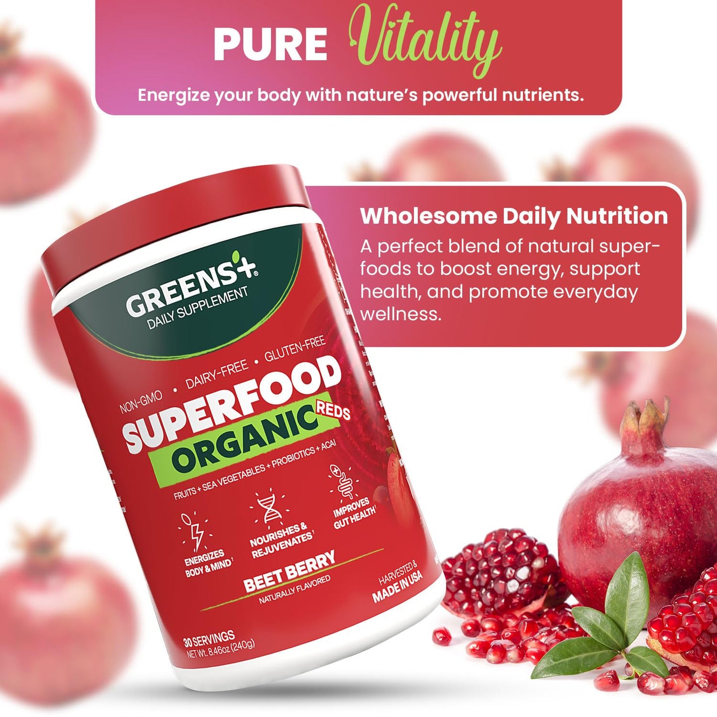Greens+ Organic Reds Superfood Powder, Antioxidant, Polyphenol, Blend for Morning Kick, Energy, Vitality Boost, Nutrition, Vibrant Health, Vegan Soy/Dairy/Gluten Free(8.46oz) - dailyvitalstore