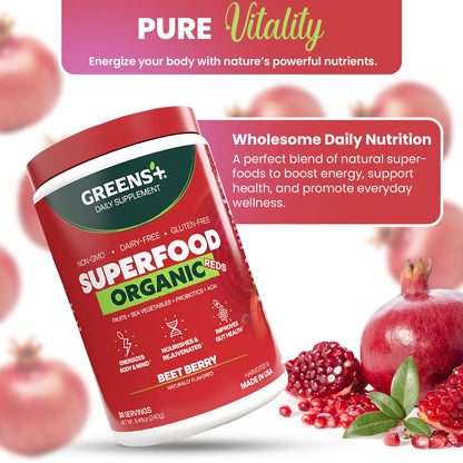 Greens+ Organic Reds Superfood Powder, Antioxidant, Polyphenol, Blend for Morning Kick, Energy, Vitality Boost, Nutrition, Vibrant Health, Vegan Soy/Dairy/Gluten Free(8.46oz) - dailyvitalstore