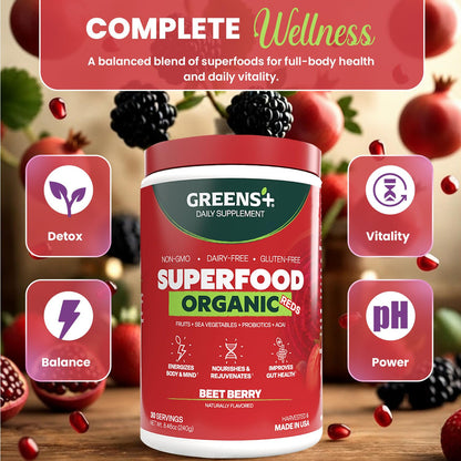 Greens+ Organic Reds Superfood Powder, Antioxidant, Polyphenol, Blend for Morning Kick, Energy, Vitality Boost, Nutrition, Vibrant Health, Vegan Soy/Dairy/Gluten Free(8.46oz) - dailyvitalstore