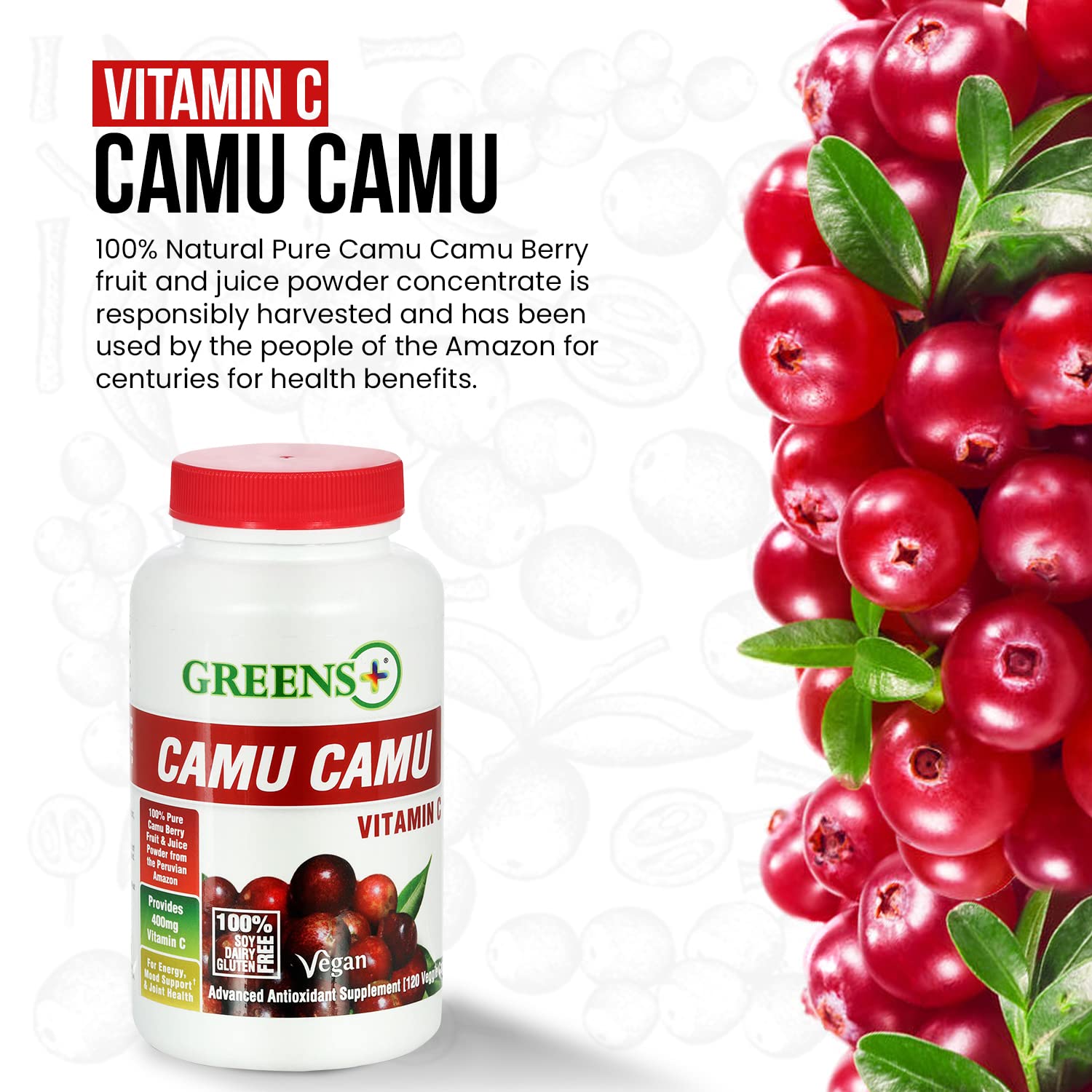 Greens+ Organic Reds Superfood Powder Camu Camu Dietary 400mg Vitamin C SuperFruit Supplement 120 Capsules, 100% Natural, Vitamins & Minerals, Vegan, Soy/Dairy/Gluten Free - dailyvitalstore