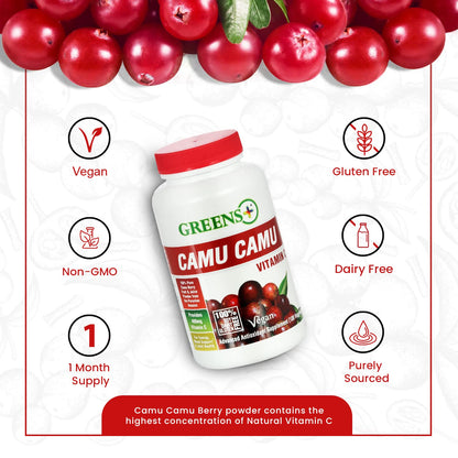 Greens+ Organic Reds Superfood Powder Camu Camu Dietary 400mg Vitamin C SuperFruit Supplement 120 Capsules, 100% Natural, Vitamins & Minerals, Vegan, Soy/Dairy/Gluten Free - dailyvitalstore