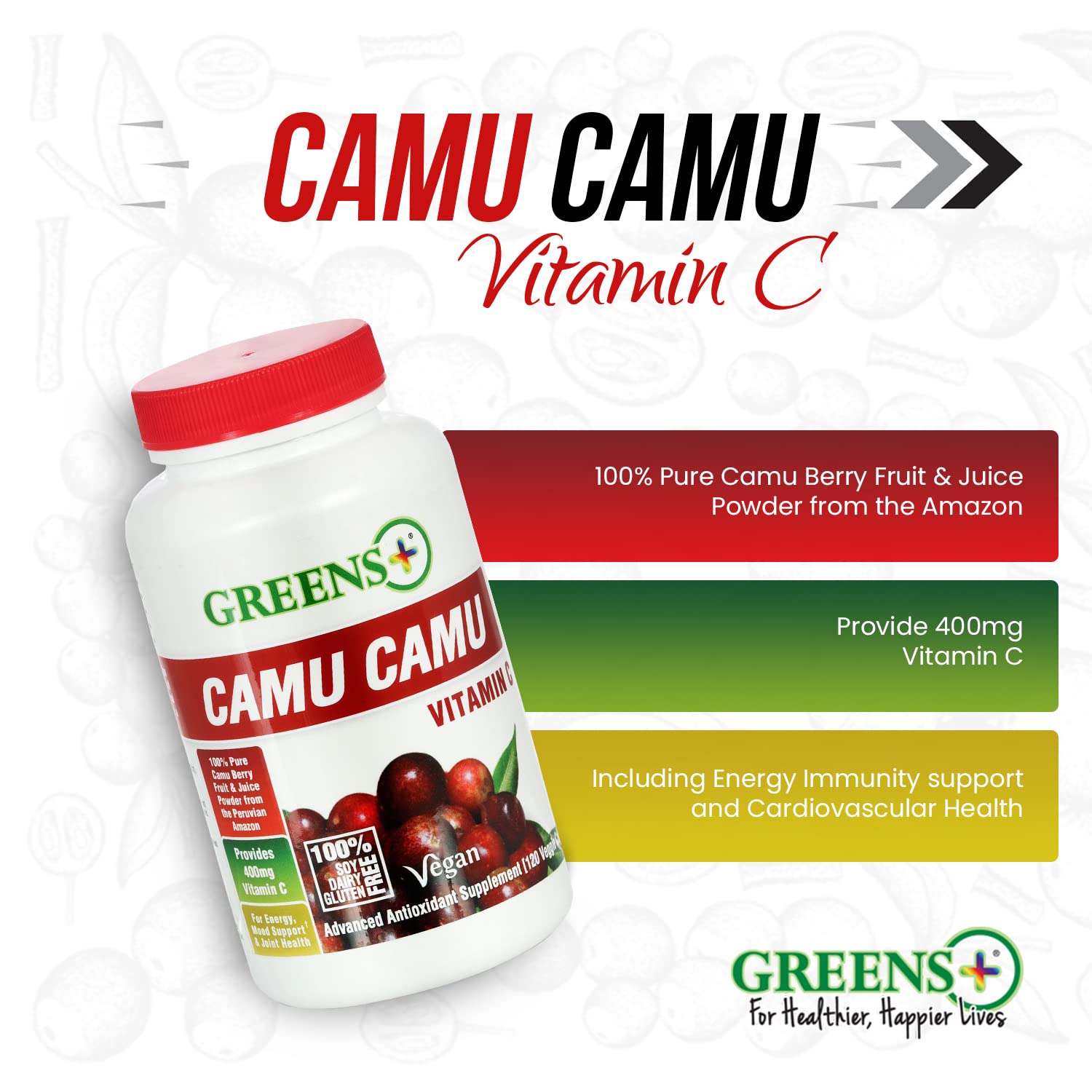 Greens+ Organic Reds Superfood Powder Camu Camu Dietary 400mg Vitamin C SuperFruit Supplement 120 Capsules, 100% Natural, Vitamins & Minerals, Vegan, Soy/Dairy/Gluten Free - dailyvitalstore