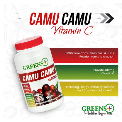 Greens+ Organic Reds Superfood Powder Camu Camu Dietary 400mg Vitamin C SuperFruit Supplement 120 Capsules, 100% Natural, Vitamins & Minerals, Vegan, Soy/Dairy/Gluten Free - dailyvitalstore