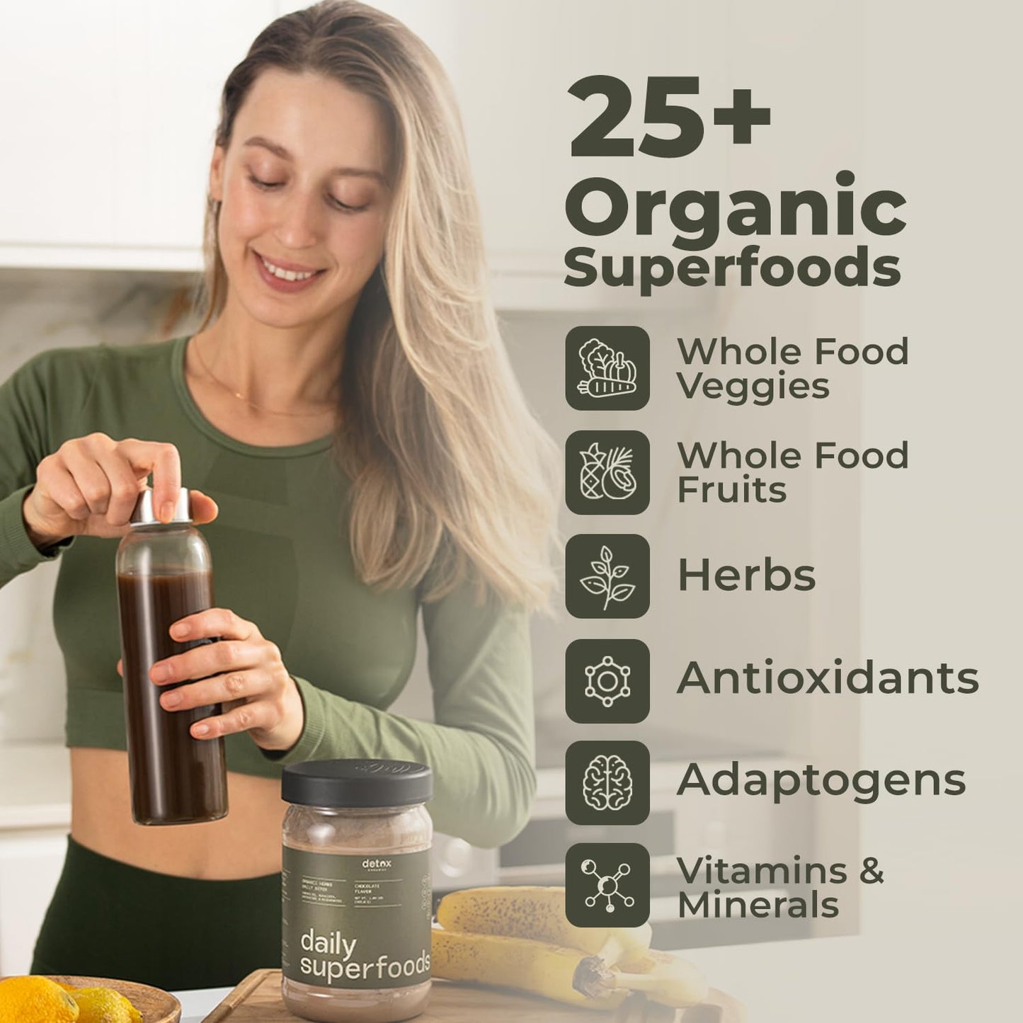 Greens Superfood Powder – USDA Organic Chocolate Flavor Cleanse & Detox Smoothie Mix – Digestive Enzymes, Immune Support, Bloating Relief, Vegan - dailyvitalstore