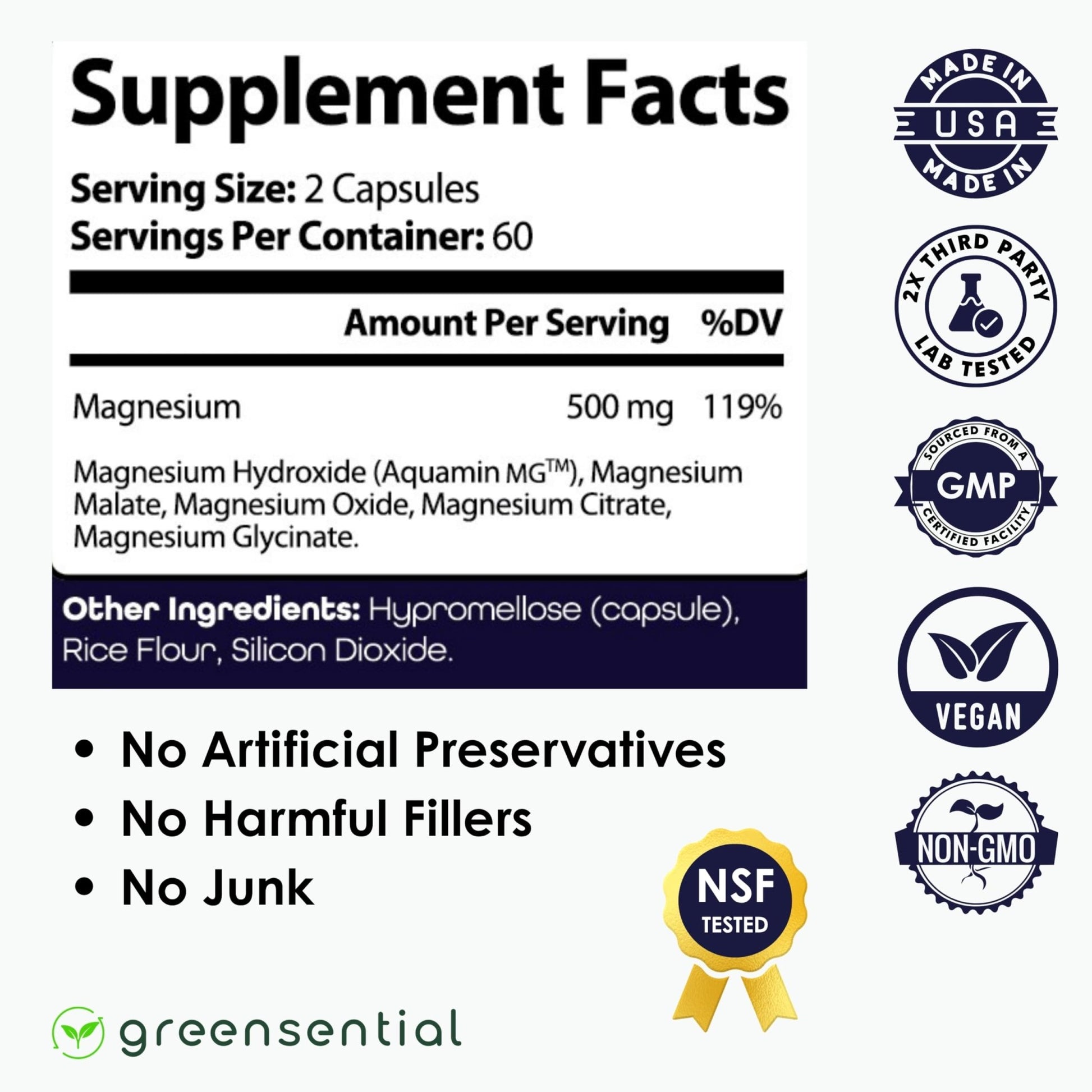 Greensential 5-in-1 Magnesium Complex 500mg | Glycinate, Malate, Citrate, Oxide & Aquamin® | for Sleep, Muscle & Heart Support | High Absorption, Vegan, 120 Capsules - dailyvitalstore