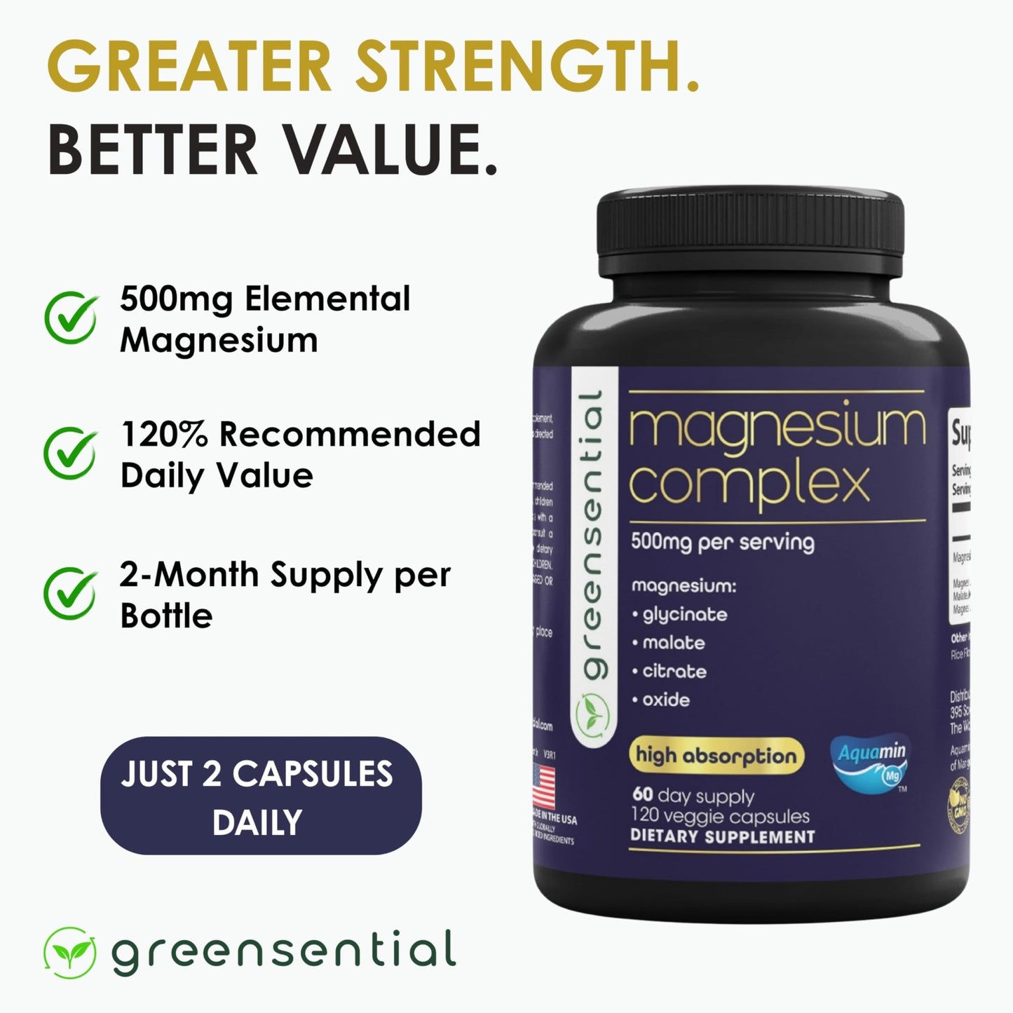 Greensential 5-in-1 Magnesium Complex 500mg | Glycinate, Malate, Citrate, Oxide & Aquamin® | for Sleep, Muscle & Heart Support | High Absorption, Vegan, 120 Capsules - dailyvitalstore