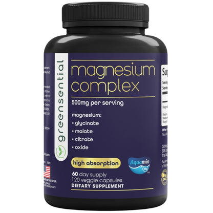 Greensential 5-in-1 Magnesium Complex 500mg | Glycinate, Malate, Citrate, Oxide & Aquamin® | for Sleep, Muscle & Heart Support | High Absorption, Vegan, 120 Capsules - dailyvitalstore