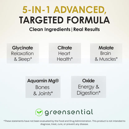 Greensential 5-in-1 Magnesium Complex 500mg | Glycinate, Malate, Citrate, Oxide & Aquamin® | for Sleep, Muscle & Heart Support | High Absorption, Vegan, 120 Capsules - dailyvitalstore