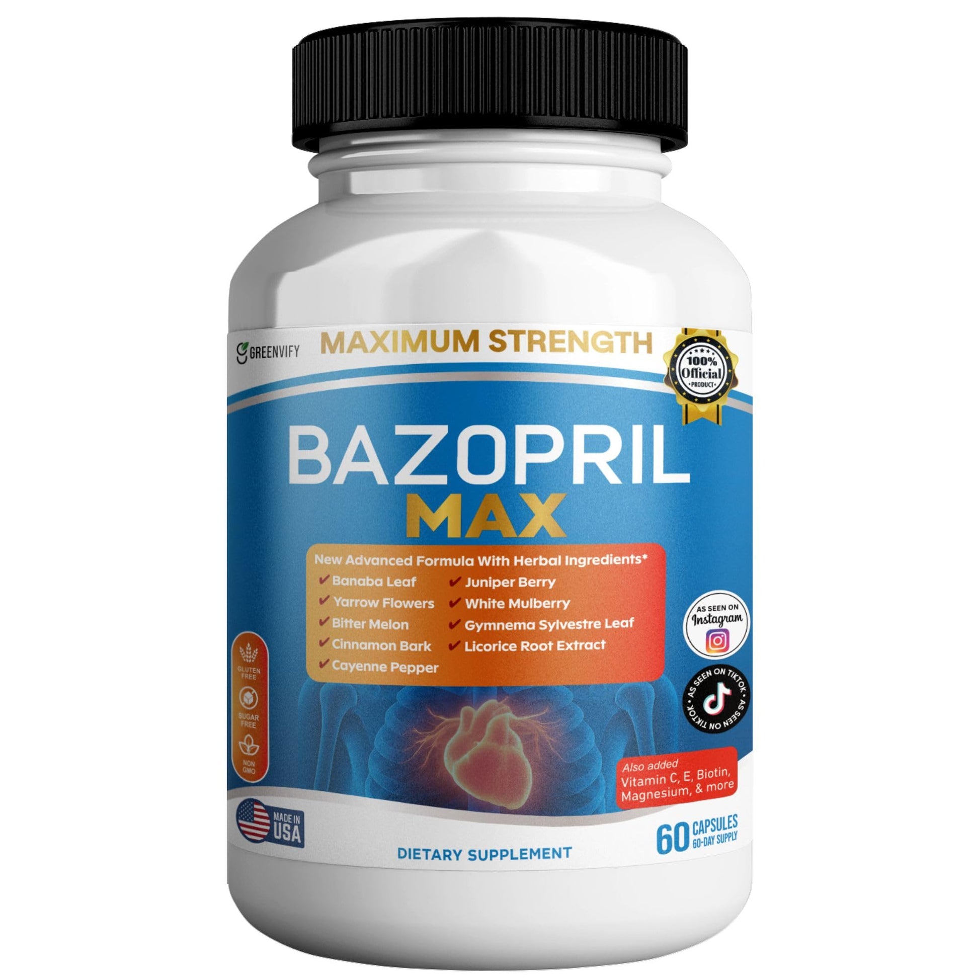 GREENVIFY Bazopril Max Maximum Strength Dietary Supplement, 60 Capsules, with Herbal Blend, Vitamins & Minerals (1) - dailyvitalstore