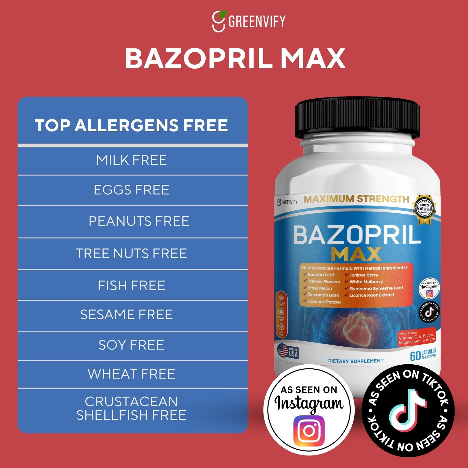 GREENVIFY Bazopril Max Maximum Strength Dietary Supplement, 60 Capsules, with Herbal Blend, Vitamins & Minerals (1) - dailyvitalstore
