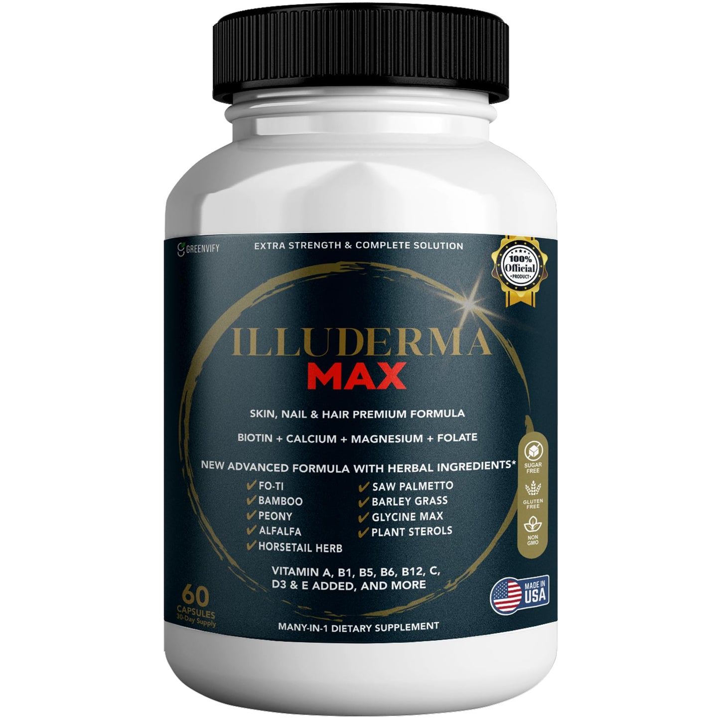 GREENVIFY Illuderma Max Hair, Skin and Nail Supplement, 60 Capsules, with Biotin 5000mcg, Vitamins and Herbal Blend (1) - dailyvitalstore