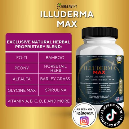 GREENVIFY Illuderma Max Hair, Skin and Nail Supplement, 60 Capsules, with Biotin 5000mcg, Vitamins and Herbal Blend (1) - dailyvitalstore