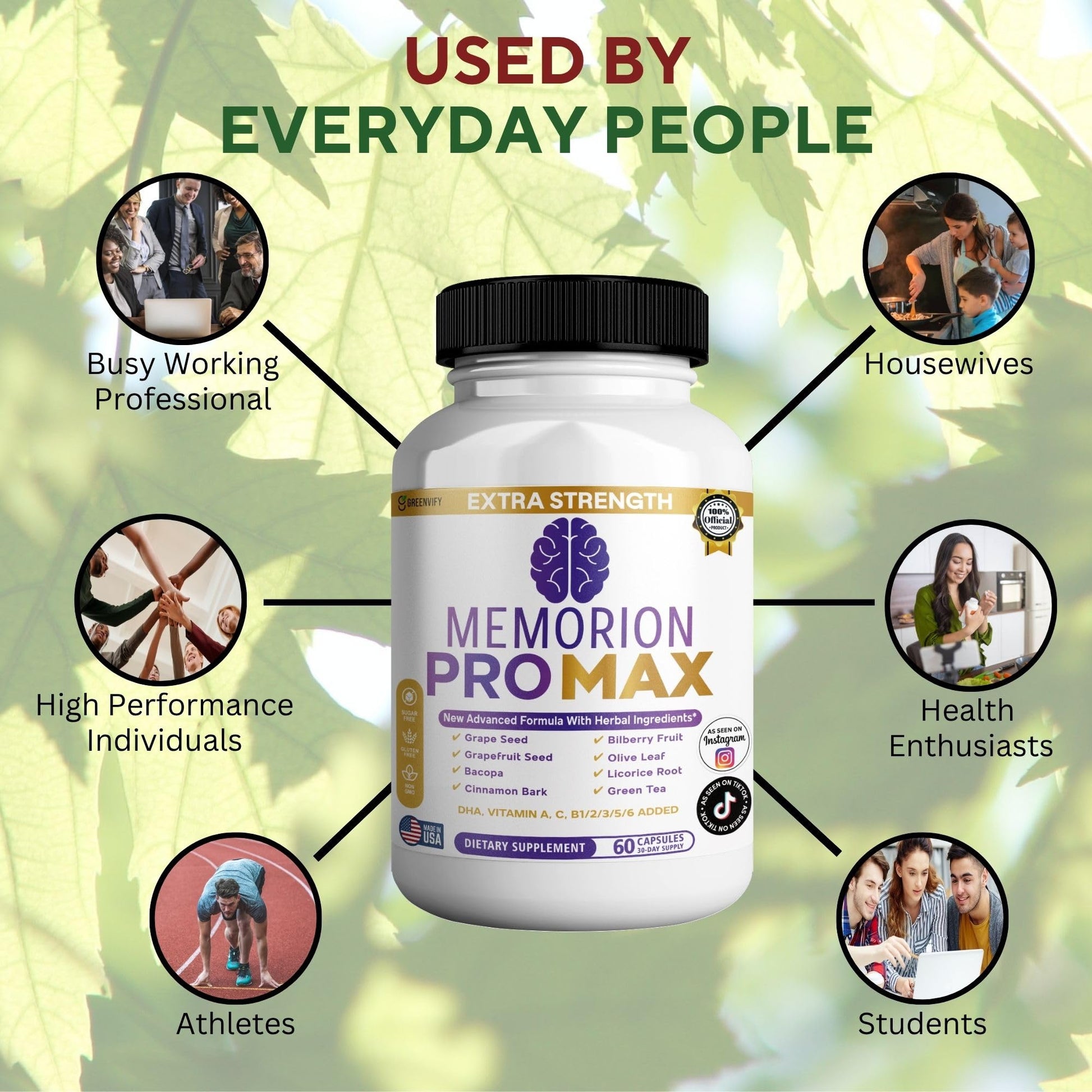 GREENVIFY Memorion Pro Max Extra Strength Brain Support Supplement, 60 Capsules, with DHA, Vitamins, Herbal Blend, 30-Day Supply (1) - dailyvitalstore